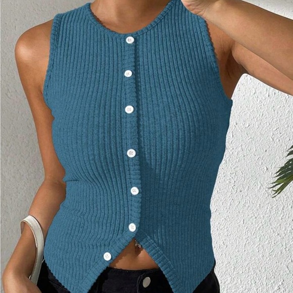 SHEIN Tops - SHEIN Blue Ribbed Asymmetrical Tank Top